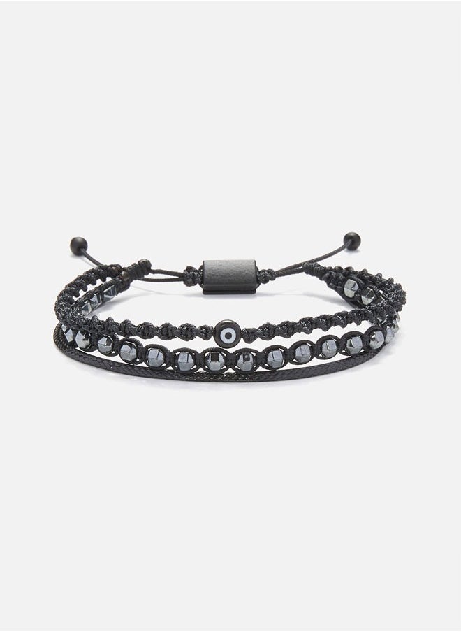 Handmade Adjustable Beaded Multi-Line Bracelet with Polygonal Hematite, Macrame Binding, Black Cord, DNA-Shaped Braid & Black Glass Evil Eye