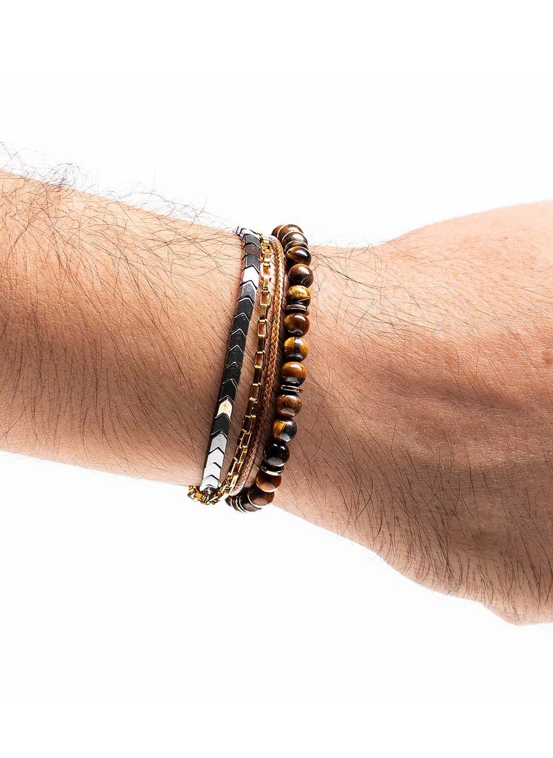 Handmade Multiline Adjustable Bracelet for Men with Brown Tiger’s Eye Stones