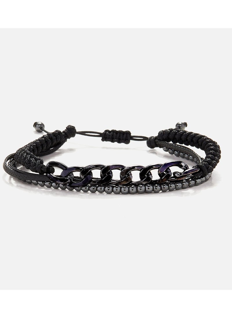 Handmade Adjustable Beaded Multi-Line Bracelet with Glossy Hematite, Cords, Snake Knot & Chain