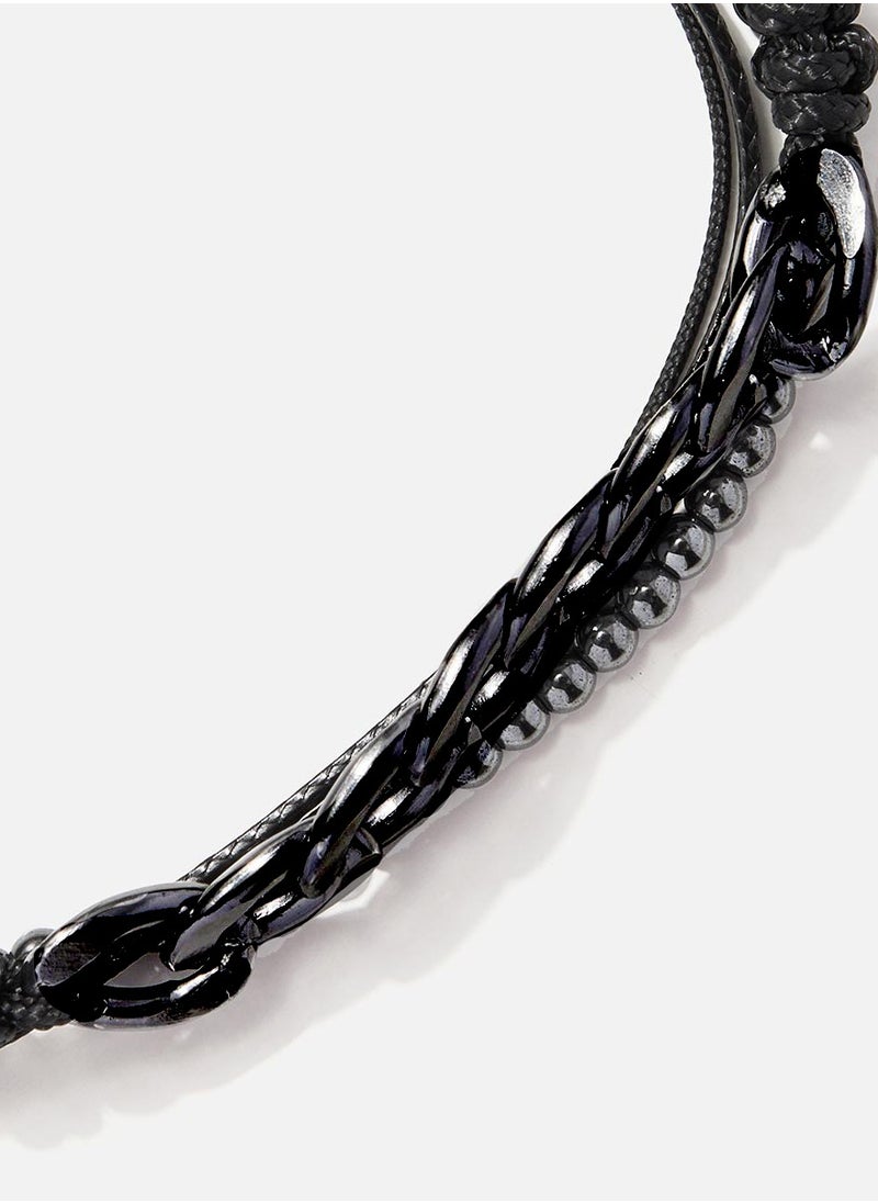 Handmade Adjustable Beaded Multi-Line Bracelet with Glossy Hematite, Cords, Snake Knot & Chain