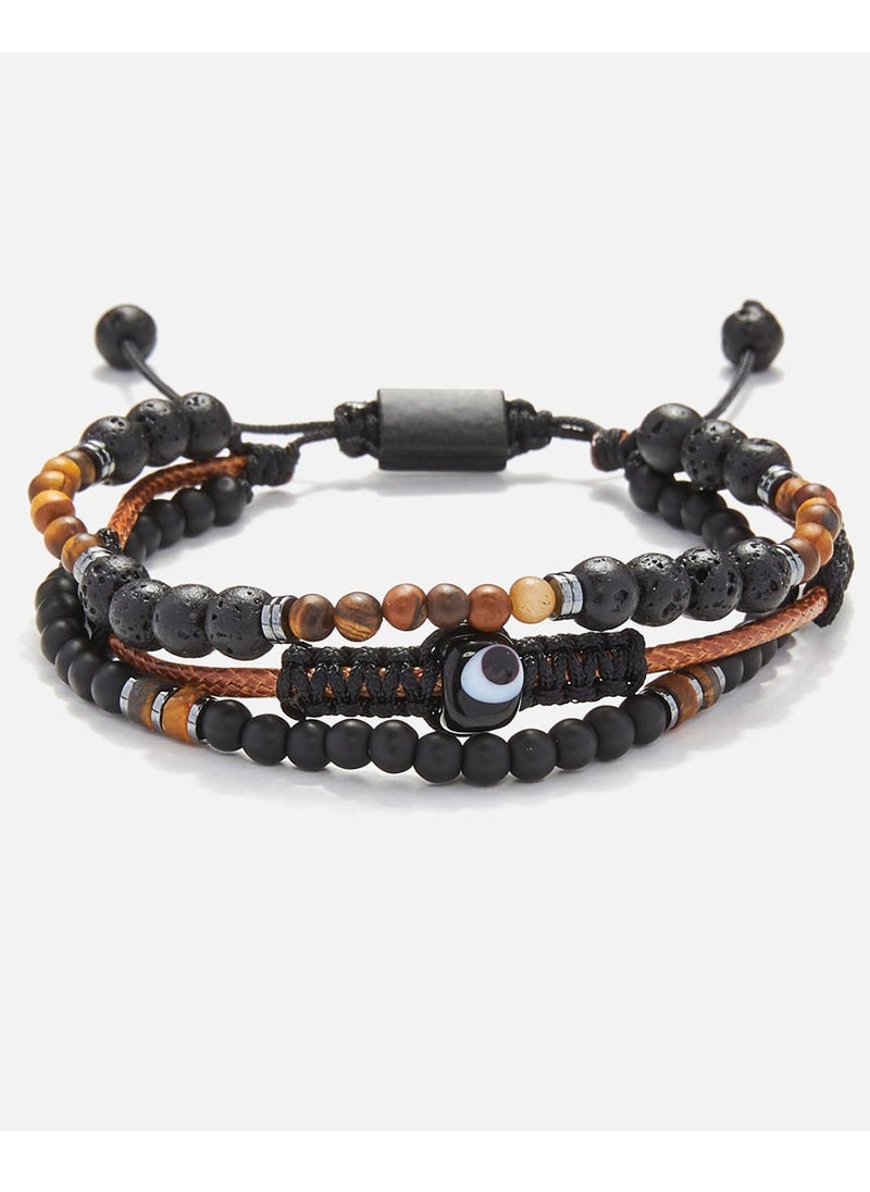 Handmade Multiline Adjustable Bracelet for Men with Natural Black Lava Stone & Brown Tiger’s Eye