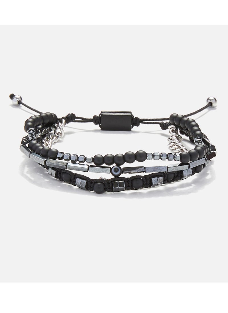 Handmade Adjustable Beaded Multi-Line Bracelet with Black Onyx, Hematite Nut, Tube, Black Glass Eye & Silver Brass Chain