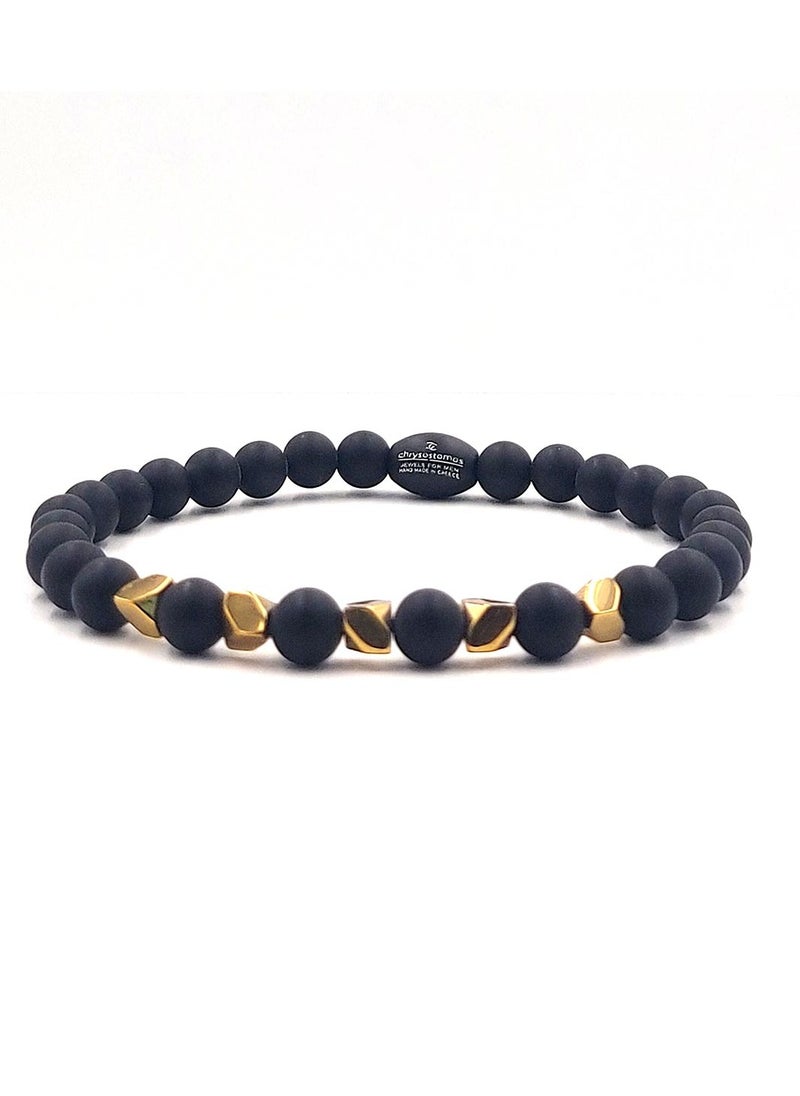 Handmade Leather Bracelet for Men with Black Onyx & Gold Hematite, Elastic Made of Silicone