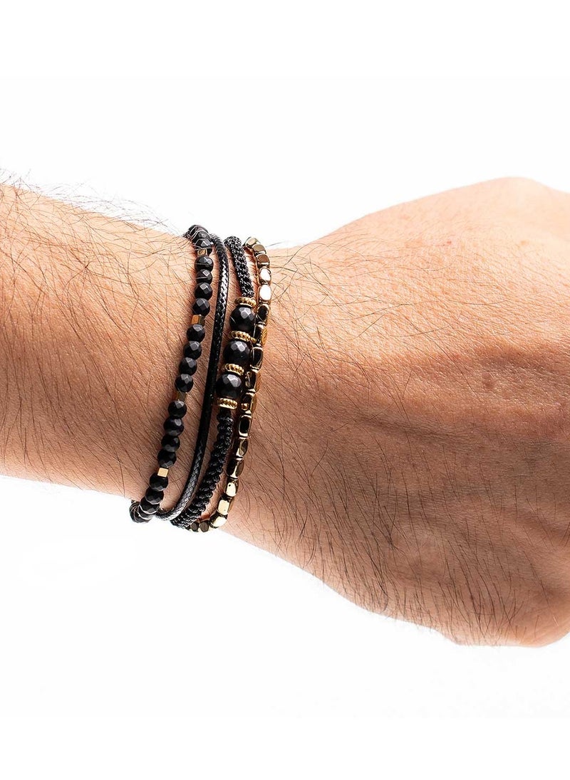 Handmade Adjustable Beaded Bracelet for Men with Black Strap, Black Onyx & Black Cord