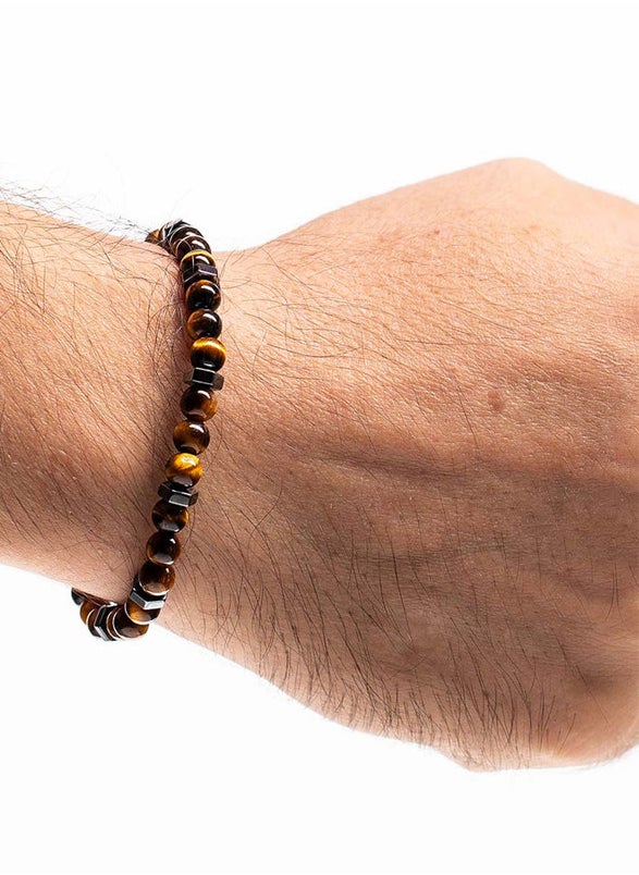 Handmade Beaded Bracelet for Men with Tiger’s Eye Stones & Hematite Nuts