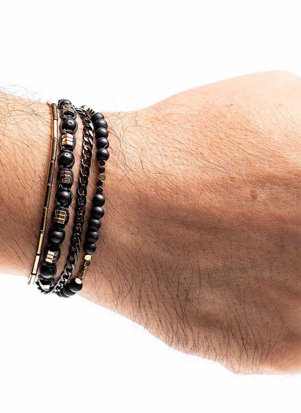 Handmade Adjustable Beaded Bracelet for Men with Black Silver Chain & Black Matte Onyx