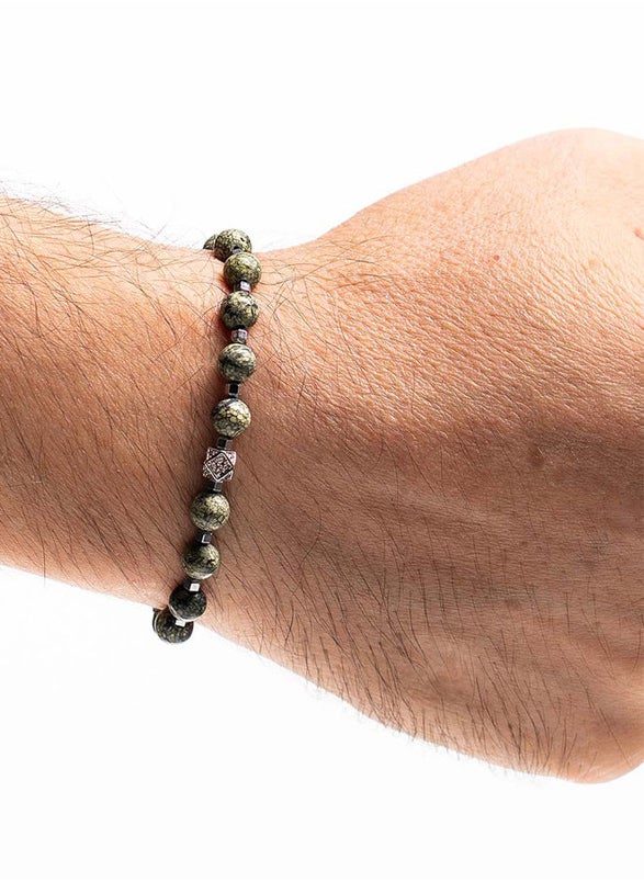 Handmade Beaded Bracelet for Men with Silver & Green Agate