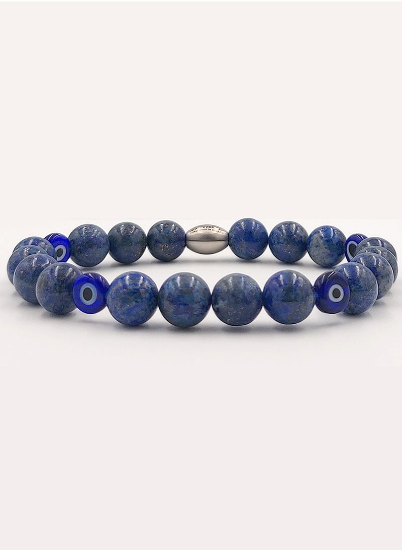 Handmade Beaded Bracelet for Men with Grey-Blue Agate & Blue Glassy Evil Eye