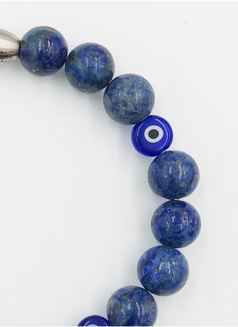 Handmade Beaded Bracelet for Men with Grey-Blue Agate & Blue Glassy Evil Eye