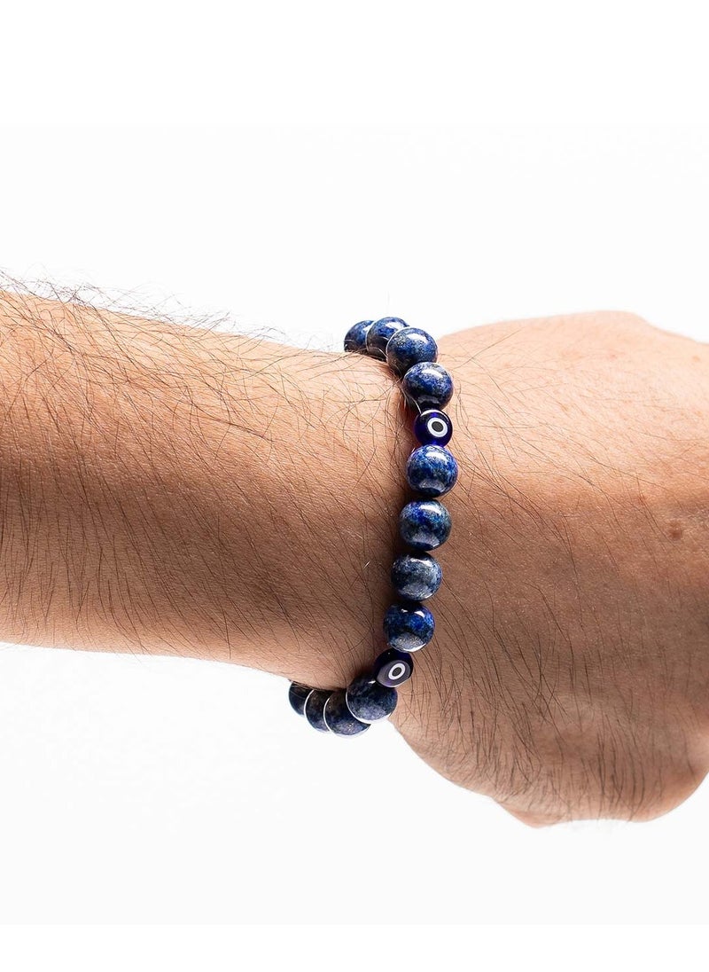 Handmade Beaded Bracelet for Men with Grey-Blue Agate & Blue Glassy Evil Eye