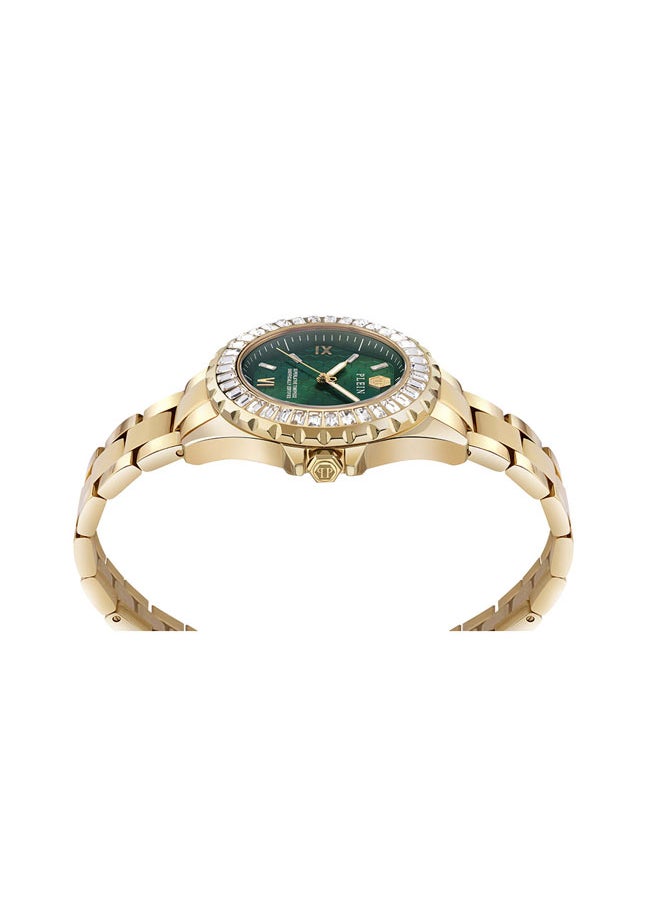 Women's Watch by Philipp Plein with Crystal Bezel, Emerald Green Honeycomb Dial, Roman Numerals, and Gold Stainless Steel Bracelet - 38mm 3-Hand Quartz Timepiece