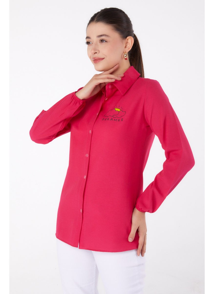 Plain Shirt Collar Women's Fuchsia Printed Shirt - 13342