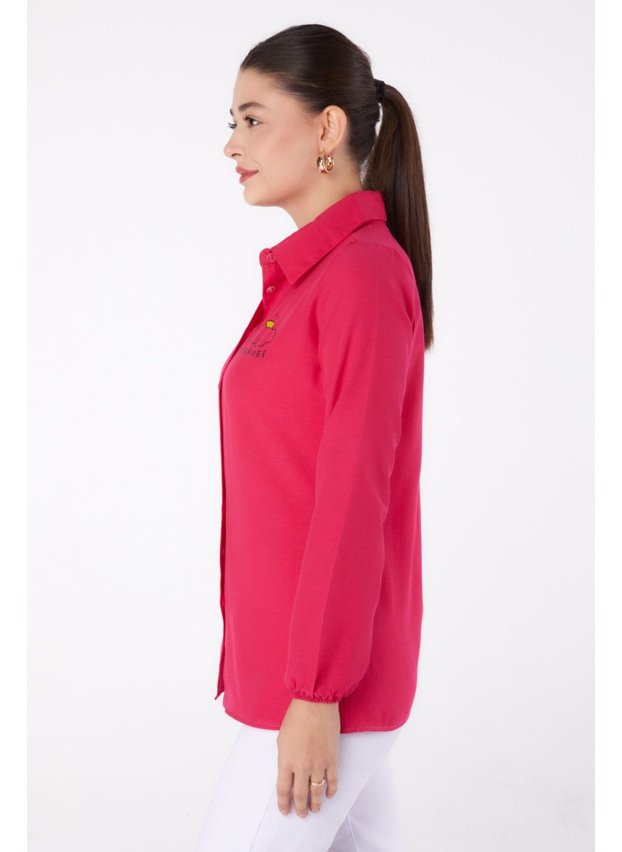 Plain Shirt Collar Women's Fuchsia Printed Shirt - 13342