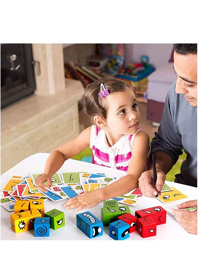Wooden Expressions Matching Block Puzzles Building Cubes Toy Borad Games Educational Montessori Toys for Kids Ages 3 Years and Up