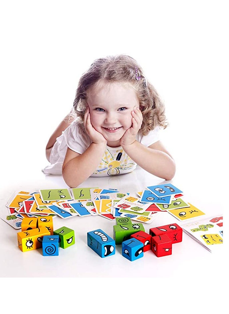 Wooden Expressions Matching Block Puzzles Building Cubes Toy Borad Games Educational Montessori Toys for Kids Ages 3 Years and Up