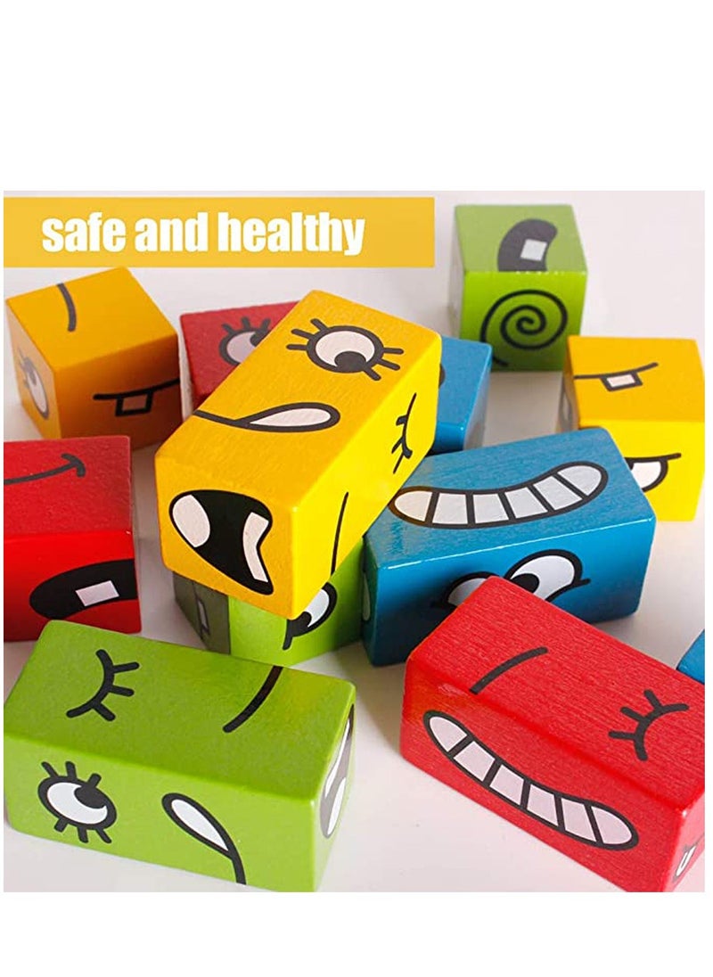 Wooden Expressions Matching Block Puzzles Building Cubes Toy Borad Games Educational Montessori Toys for Kids Ages 3 Years and Up