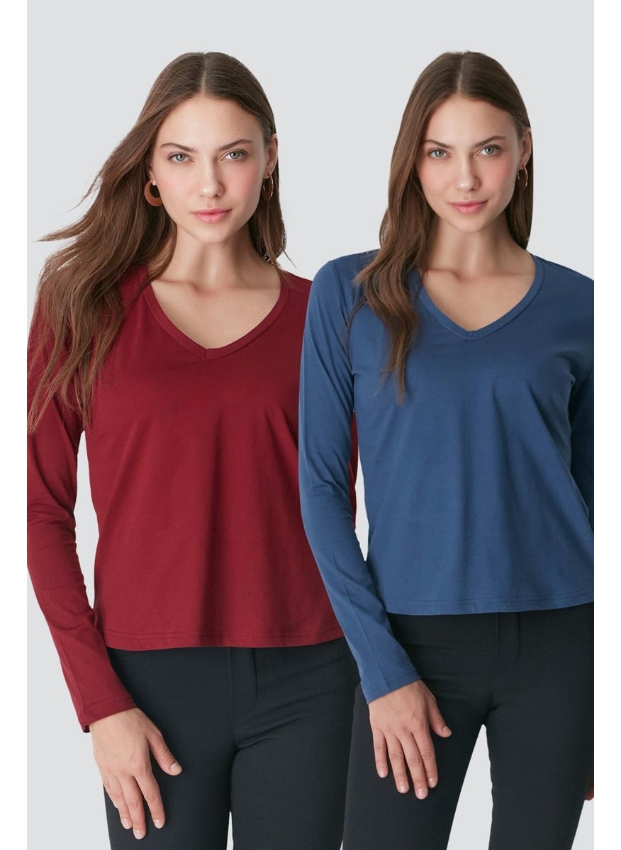 V Neck Long Sleeve 2-Piece Basic T-Shirt 954 Indigo/burgundy