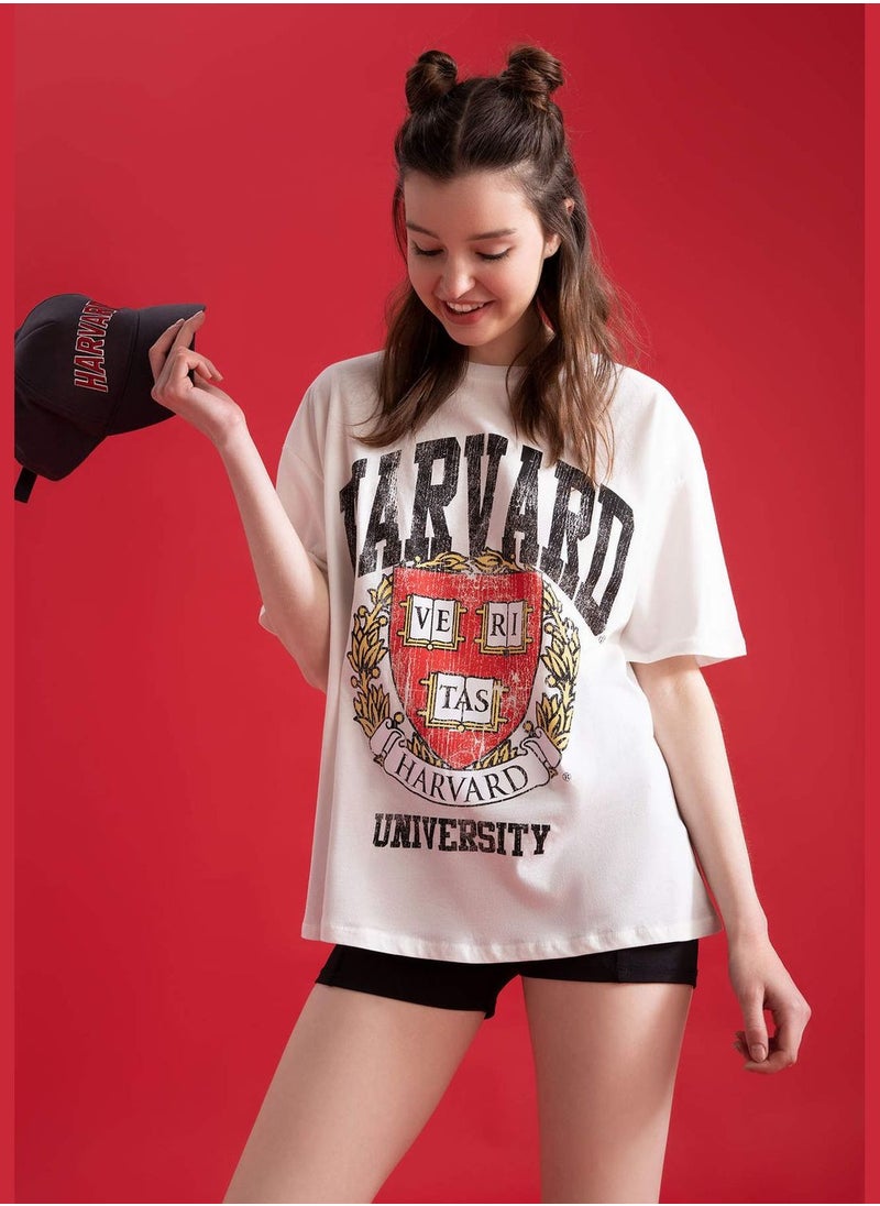 Oversized Short Sleeve Harvard University Printed T-Shirt