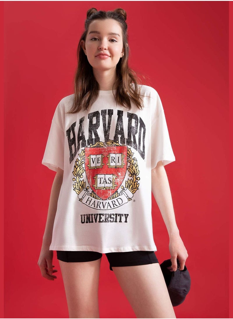 Oversized Short Sleeve Harvard University Printed T-Shirt