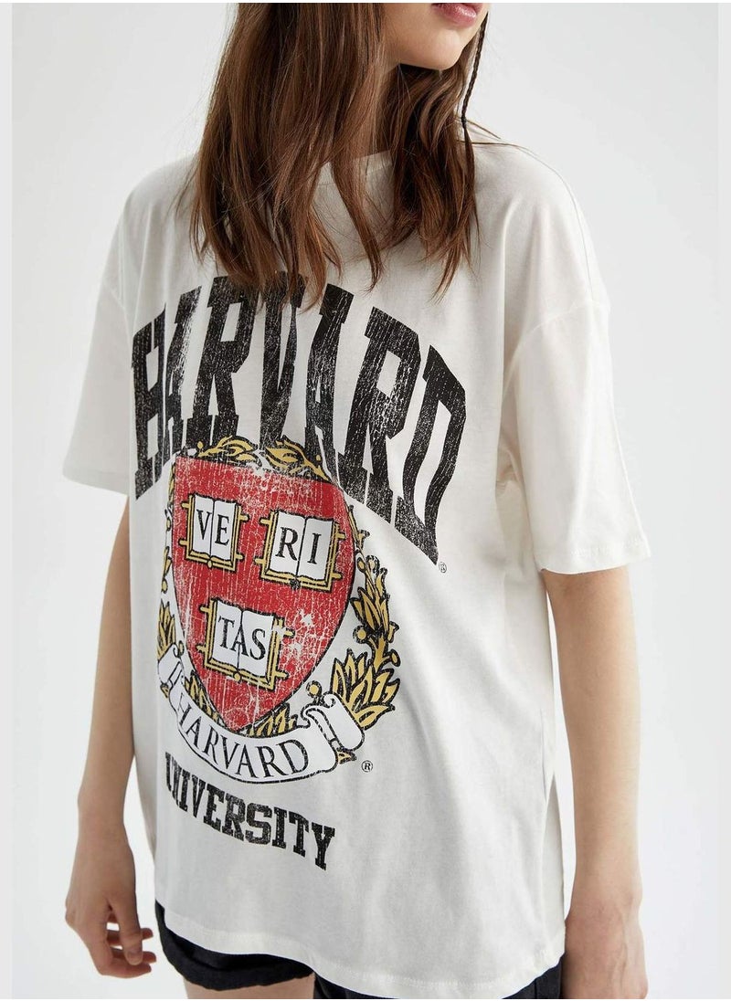 Oversized Short Sleeve Harvard University Printed T-Shirt