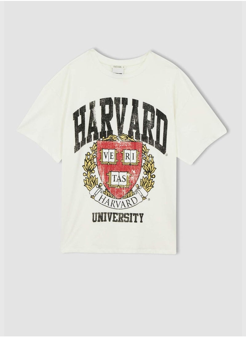 Oversized Short Sleeve Harvard University Printed T-Shirt