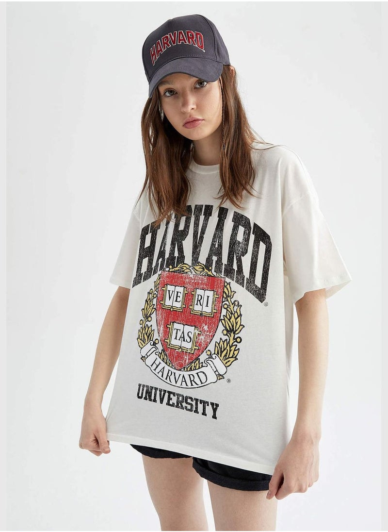 Oversized Short Sleeve Harvard University Printed T-Shirt