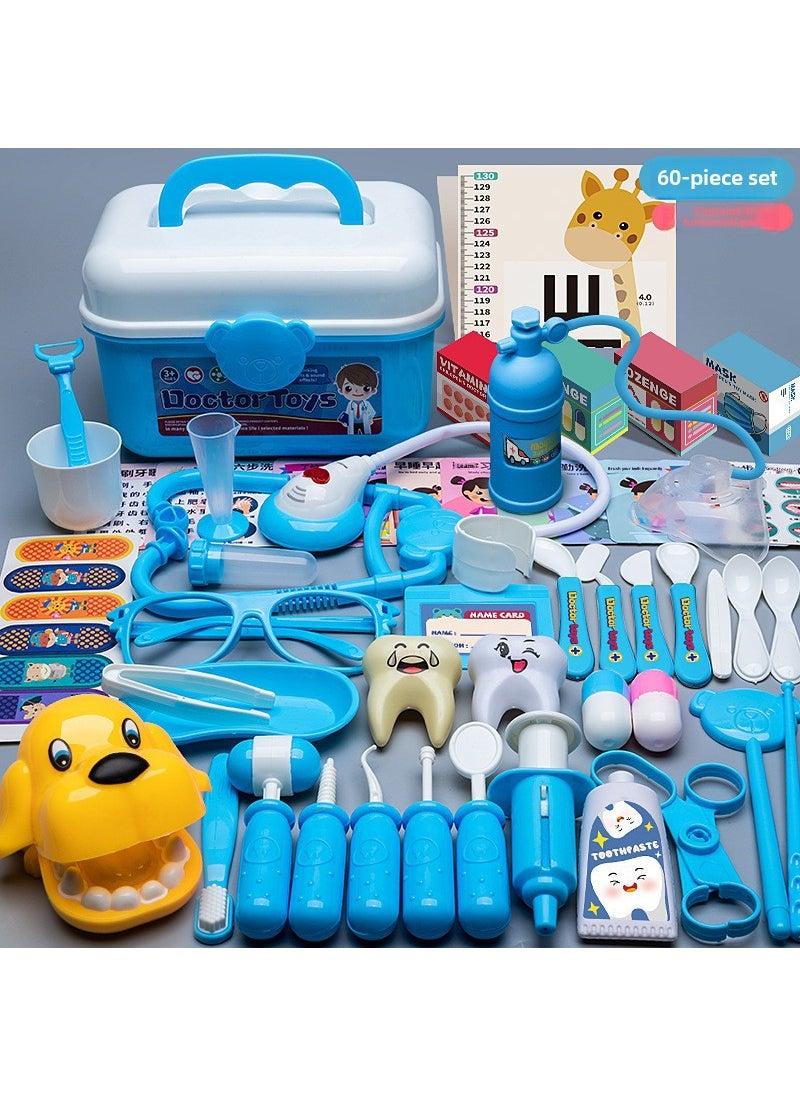 Kids Doctor Playset with Light  Sound Stethoscope [Blue] 60-piece storage box [acousto-optic stethoscope_visual chart_dog filling teeth]]