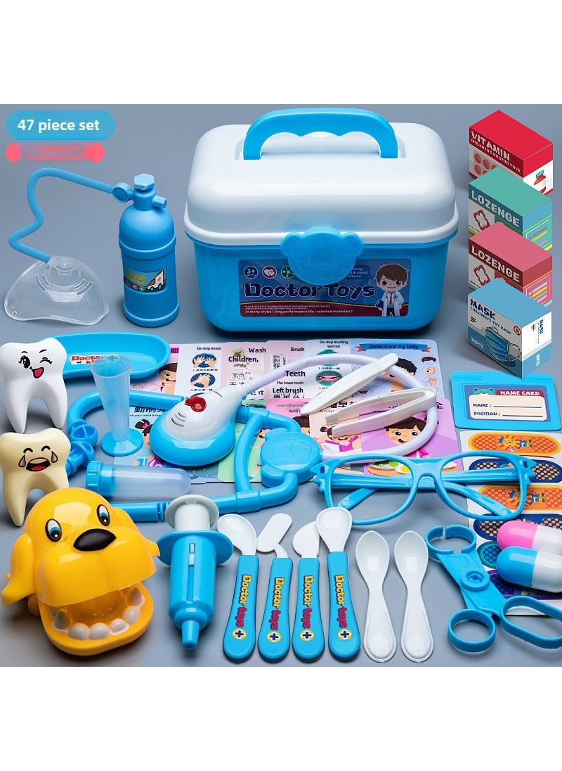 Kids Doctor Playset with Light  Sound Stethoscope [Blue] 47-piece storage box [acousto-optic stethoscope_oxygen cylinder_filling dog]]