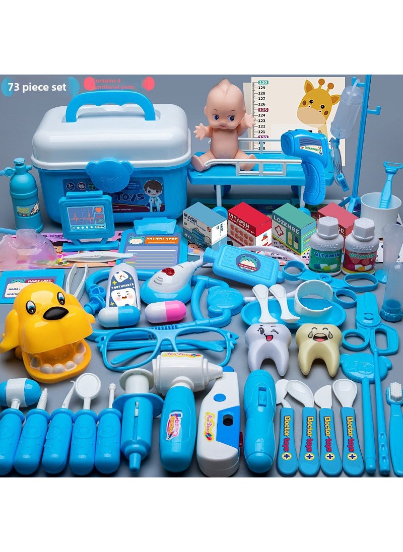 Kids Doctor Playset with Light  Sound Stethoscope [Blue] 73-piece storage box [4 functions_visual acuity chart_tooth filling dog_doll bed]]