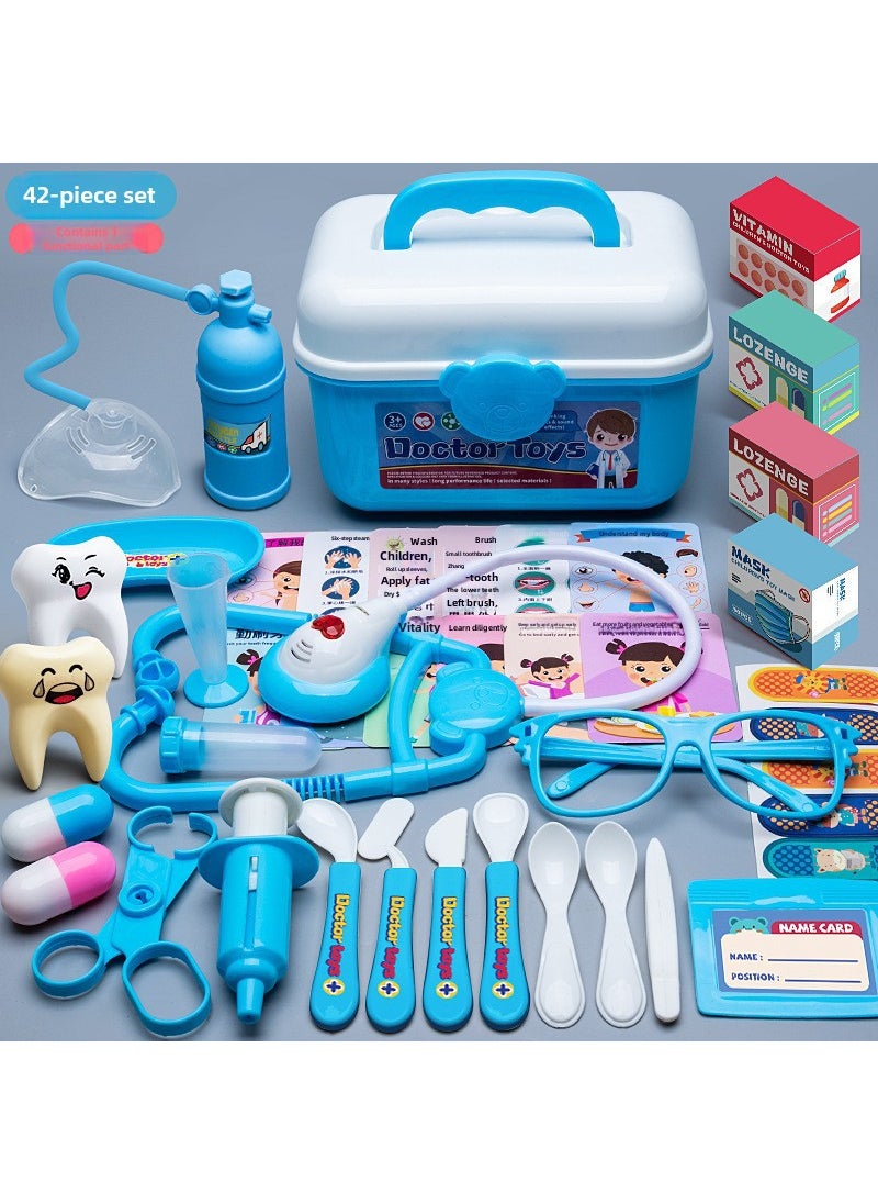 Kids Doctor Playset with Light  Sound Stethoscope [Blue] 42-piece storage box [acousto-optic stethoscope_oxygen cylinder_medicine box]]