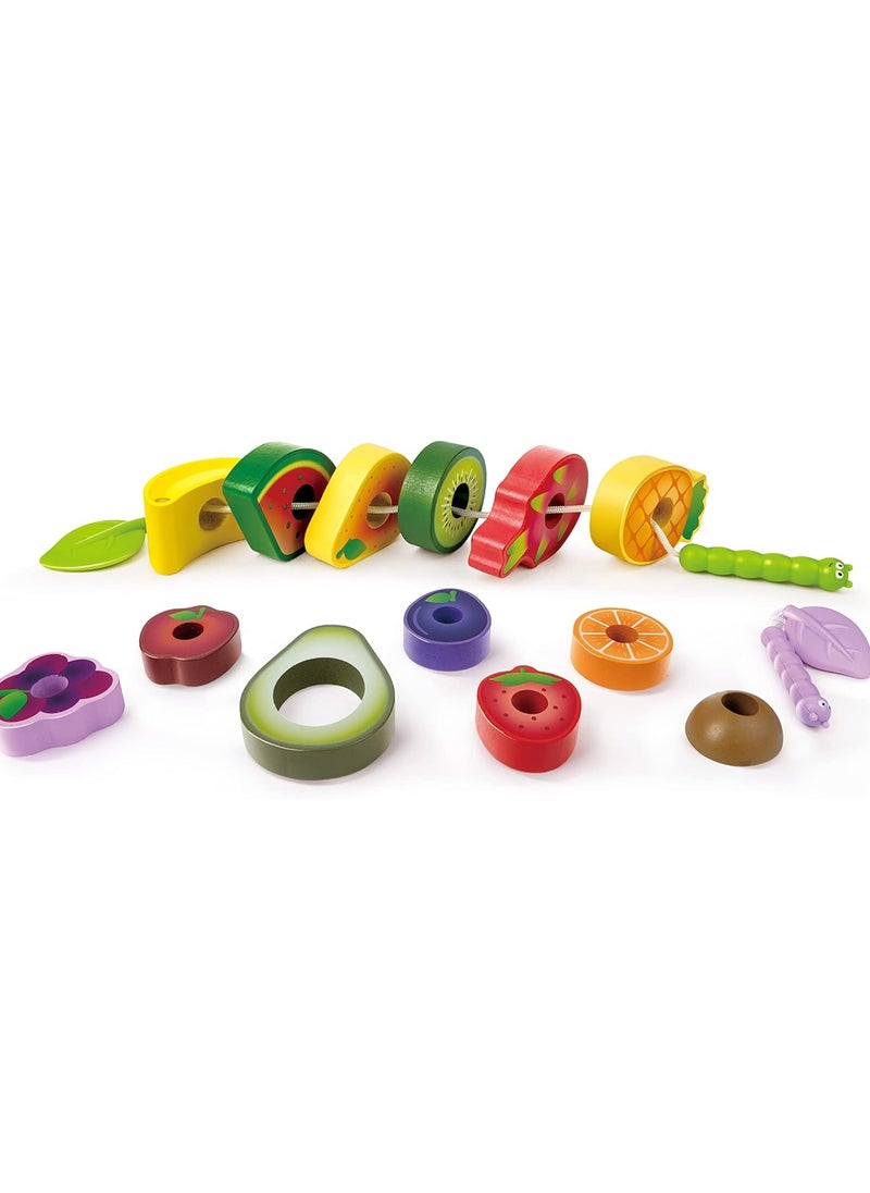 Hape Caterpillar Fruit Feast Wooden Playset | Wooden Kitchen Toys for Kids | Multicolor Fruit Toys for Toddlers, 15pcs, 2 Strings u0026 13 pcs fruit, Develops Fine Motor Skills, Focus and Imaginatio