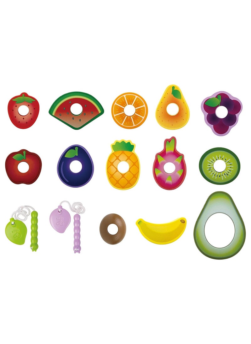 Hape Caterpillar Fruit Feast Wooden Playset | Wooden Kitchen Toys for Kids | Multicolor Fruit Toys for Toddlers, 15pcs, 2 Strings u0026 13 pcs fruit, Develops Fine Motor Skills, Focus and Imaginatio