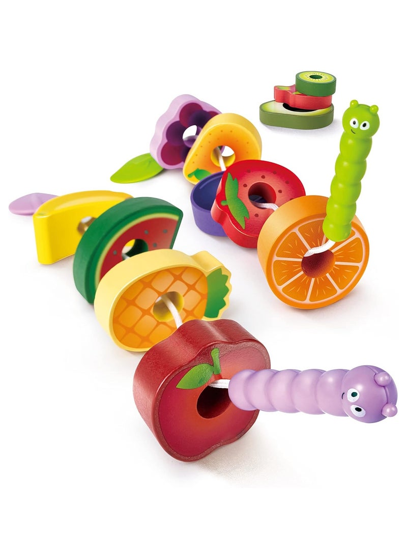 Hape Caterpillar Fruit Feast Wooden Playset | Wooden Kitchen Toys for Kids | Multicolor Fruit Toys for Toddlers, 15pcs, 2 Strings u0026 13 pcs fruit, Develops Fine Motor Skills, Focus and Imaginatio