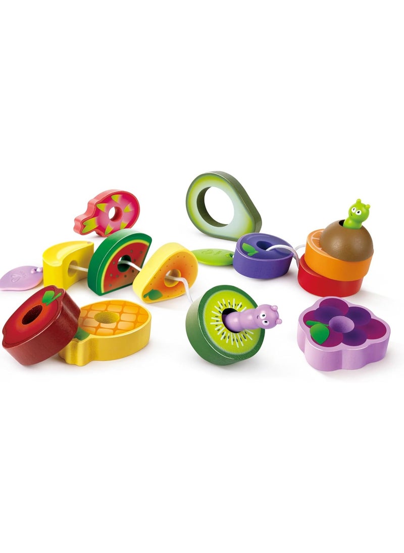 Hape Caterpillar Fruit Feast Wooden Playset | Wooden Kitchen Toys for Kids | Multicolor Fruit Toys for Toddlers, 15pcs, 2 Strings u0026 13 pcs fruit, Develops Fine Motor Skills, Focus and Imaginatio