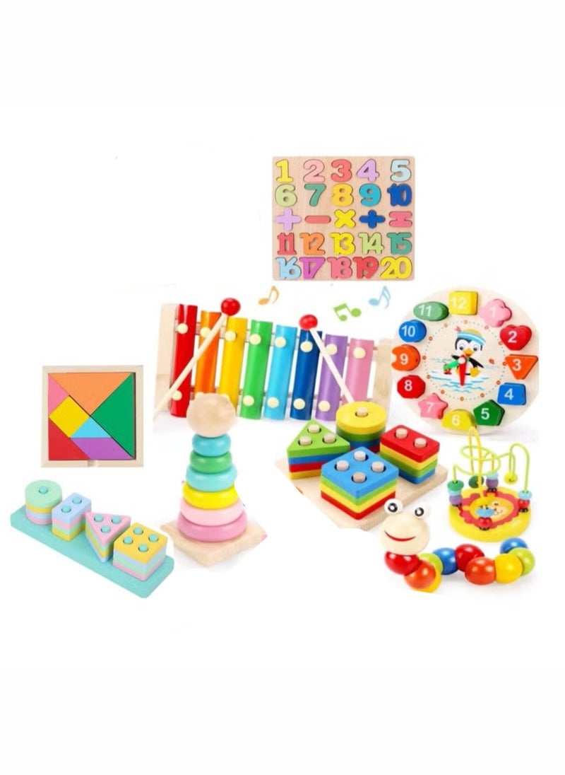 8 in 1 Wooden Toys set for 2-5 Years Old Boys and Girls Sorting and Stacking Educational Learning Toy for Kids.