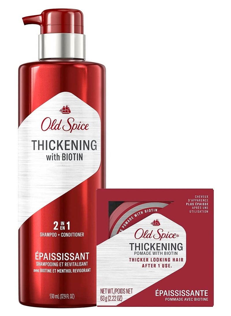 Old Spice Men's Thickening 2-in-1 Shampoo and Conditioner with Biotin and Menthol (17.9 Fl Oz) & Thickening Styling Pomade Infused with Biotin Bundle (2.22 Oz)