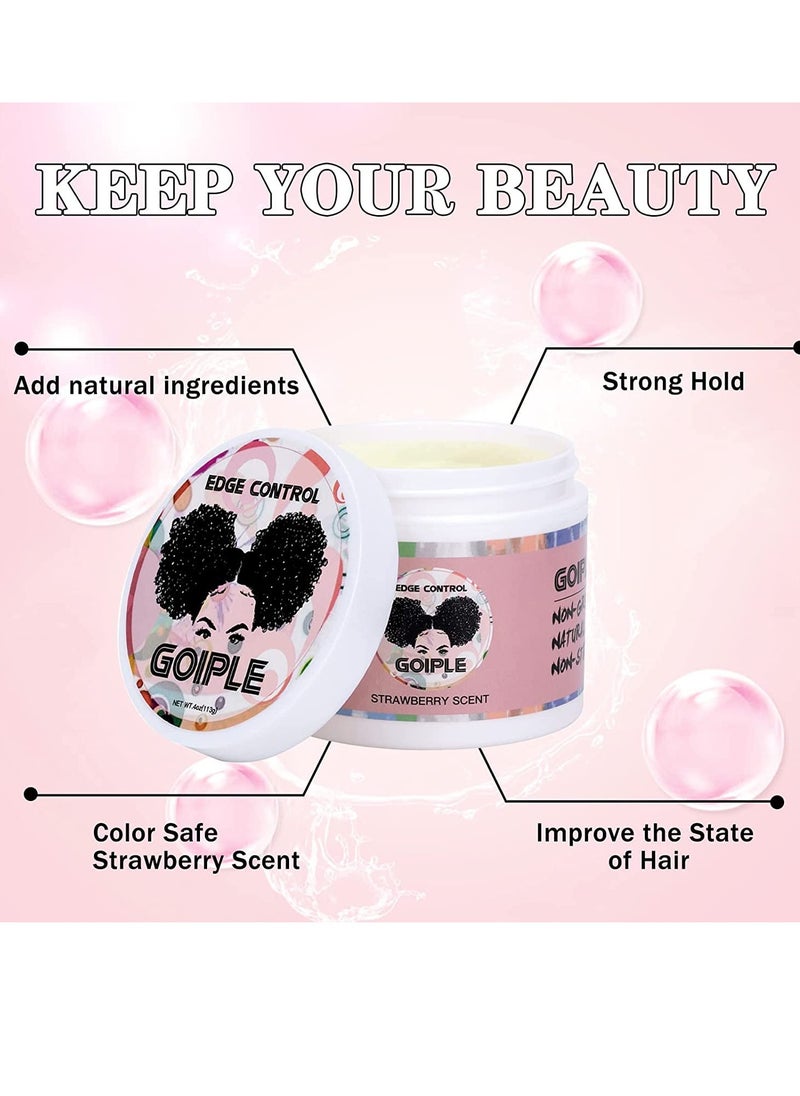 Goiple Edge Control Wax for Women - Strong Hold Non-Greasy Smoother with Brushes and Scarf, Strawberry Scent (4oz+0.7oz)