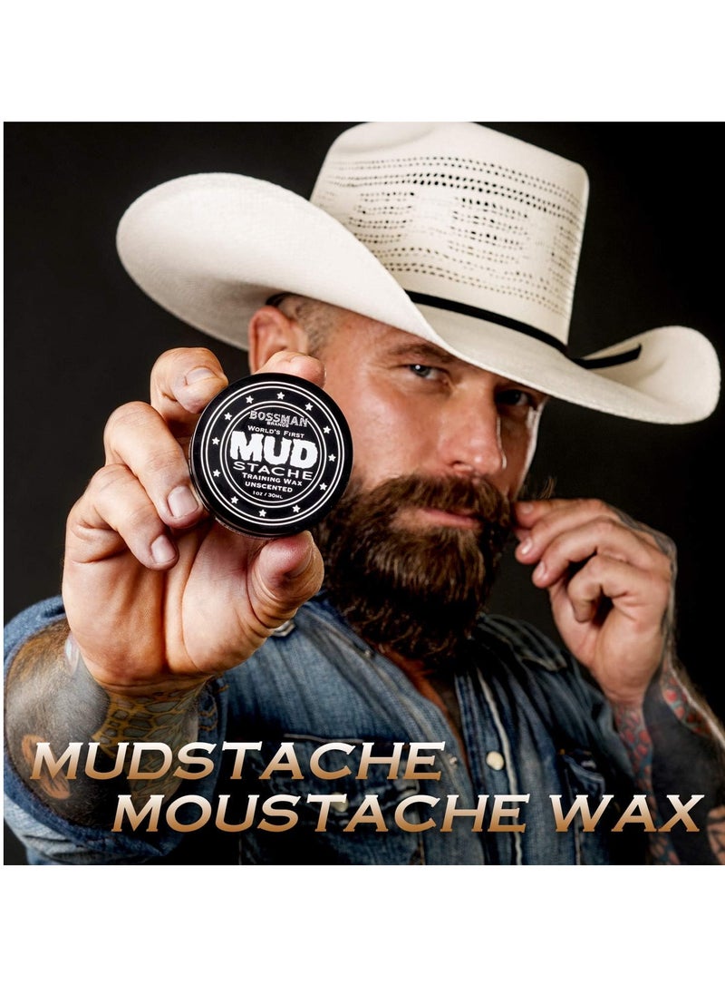 Bossman MUDstache Unscented Mustache Wax - 2 Pack – No Pull - Spreads Easy for a Strong Non-Tacky 24 hr Hold - Tame, Train and Style - Moustache Wax for Men (1oz)