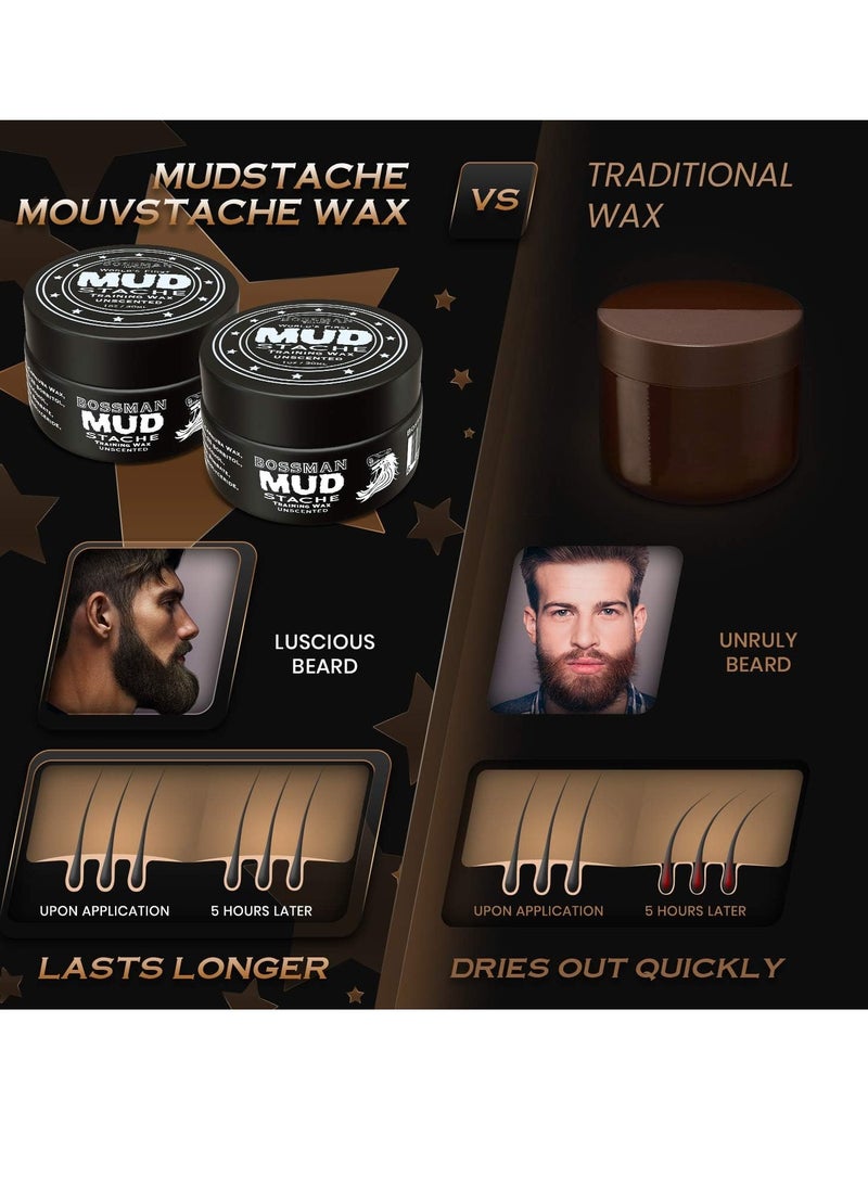 Bossman MUDstache Unscented Mustache Wax - 2 Pack – No Pull - Spreads Easy for a Strong Non-Tacky 24 hr Hold - Tame, Train and Style - Moustache Wax for Men (1oz)