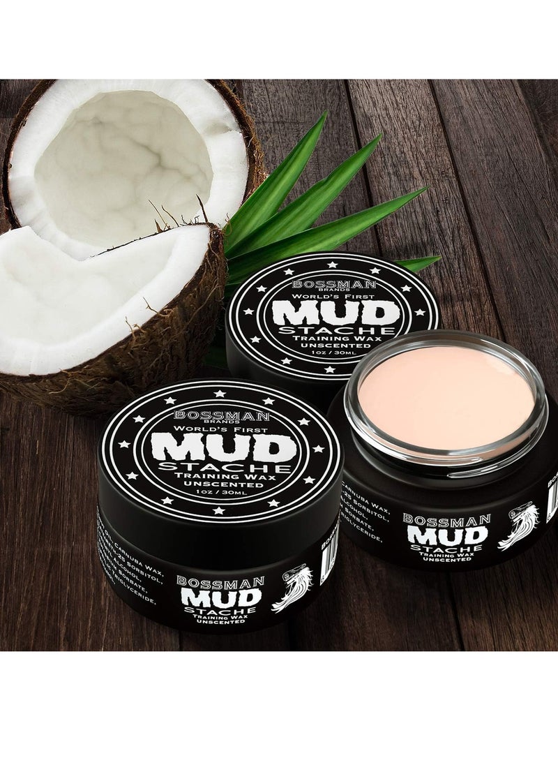 Bossman MUDstache Unscented Mustache Wax - 2 Pack – No Pull - Spreads Easy for a Strong Non-Tacky 24 hr Hold - Tame, Train and Style - Moustache Wax for Men (1oz)