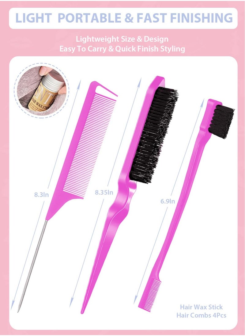 Hair Grooming Kit: Wax Stick for Flyaways, Slick Back Brush, Rat Tail Comb, Bristle Brush Set - Tames Frizz & Controls Baby Hair