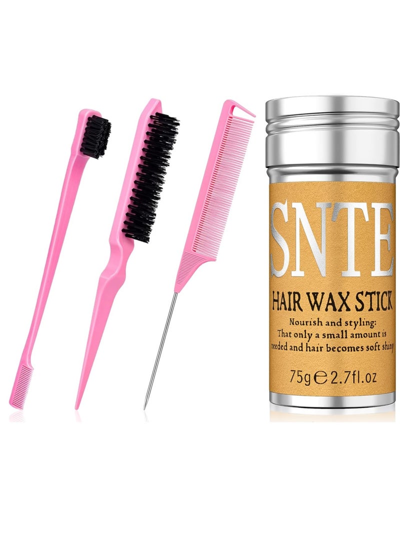 Hair Grooming Kit: Wax Stick for Flyaways, Slick Back Brush, Rat Tail Comb, Bristle Brush Set - Tames Frizz & Controls Baby Hair