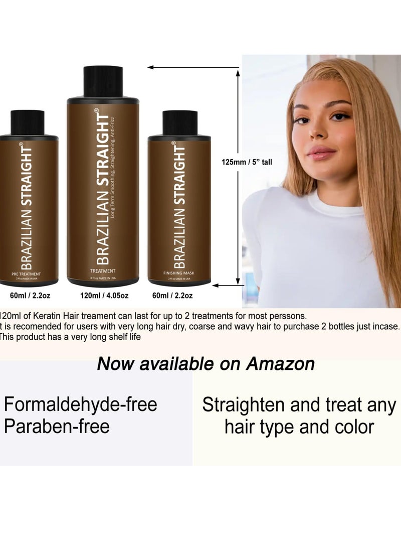 Real BRAZILIAN STRAIGHT Keratin Blowout Complex Hair Treatment Kit Organic Natural Results Straighten Smooth Any Hair Type Color Condition Keratina Brasilera Tratamiento (3 Pc Non-Formaldehyde)