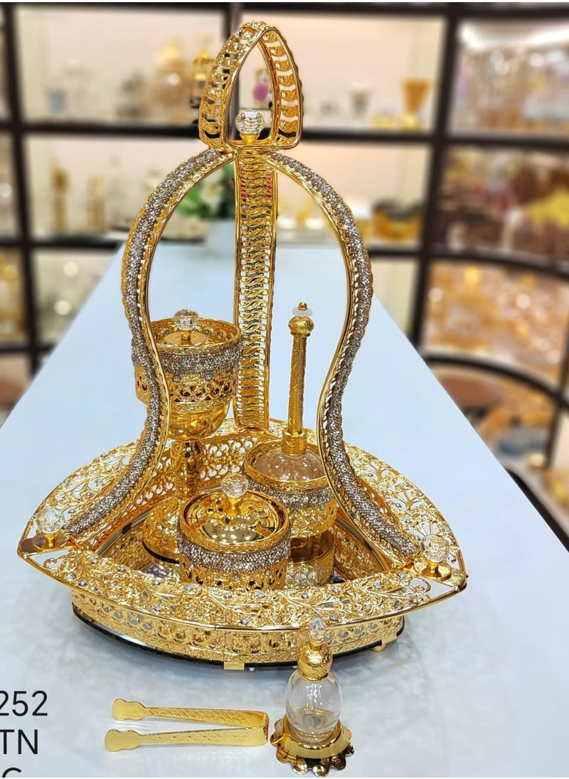 Bakhoor Burner Set Wedding Gift Decorative Handmade design Incense Burner with Perfume Bottle empty Golden Ash Tray Flower Antique Design Shiny and Golden Bakhoor  Incense Burner Set By Damanhoor