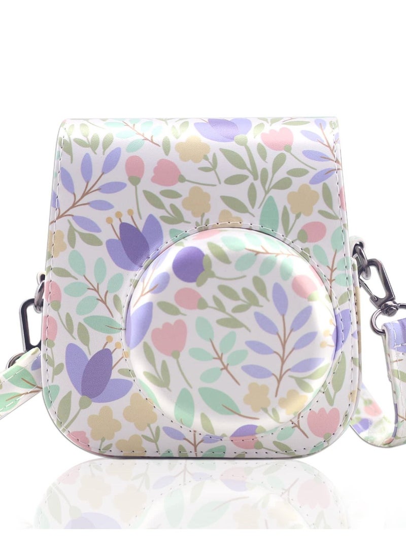 Camera Bag Compatible with Fujifilm Instax Mini 11 Instant Camera Protective Bag Vintage Floral Pu Leather Camera Organizer with Shoulder Strap Purple Floral Camera Bag