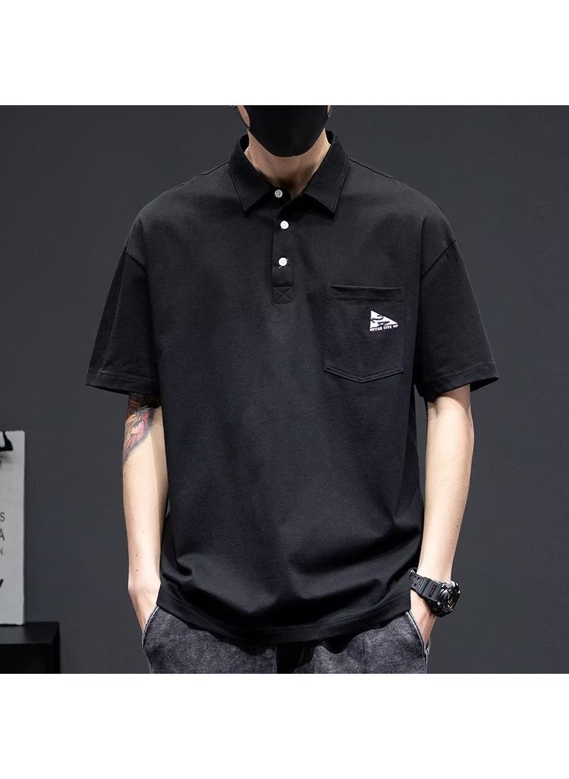 1 x 5 pcs Heavyweight White Polo Shirt Mens Summer Casual Ice-Silk Tee Black