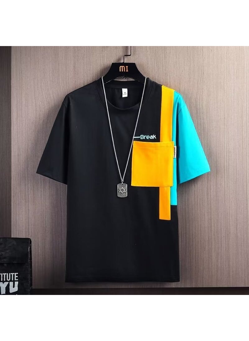 Colorblock Short Sleeve T-Shirt Casual Loose Summer Fashion for Men 092-Black