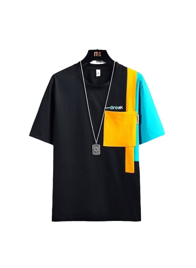 Colorblock Short Sleeve T-Shirt Casual Loose Summer Fashion for Men 092-Black