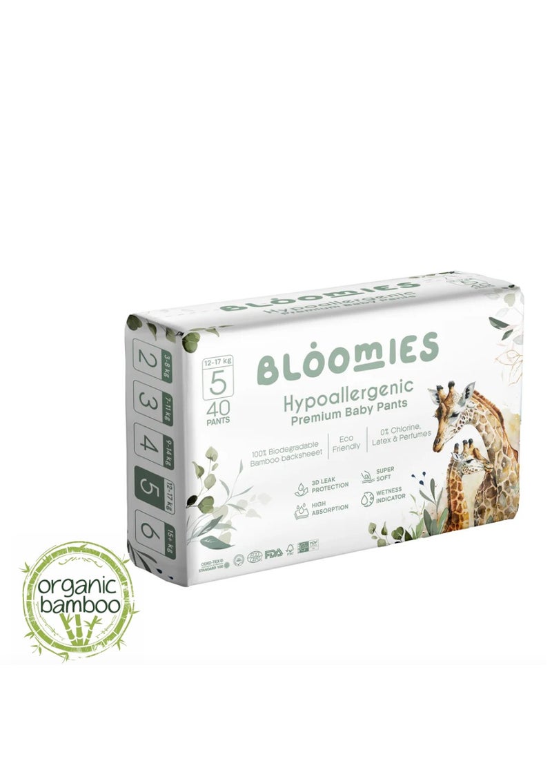 Bloomies Premium Baby Pants with wetness indicator | Eco-friendly and Hypoallergenic Nappy Pants Made with 100% Bamboo | Baby Pants Size 5 for babies 12-17kg x 40pcs