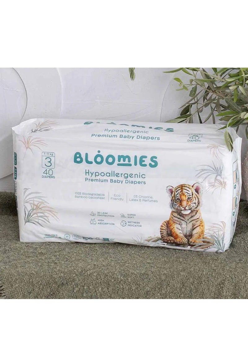 Bloomies Premium Baby Diapers with wetness indicator | Eco-friendly and Hypoallergenic Nappies Made with 100% Bamboo | Nappies Size 3 for babies 6-11kg x 40pcs